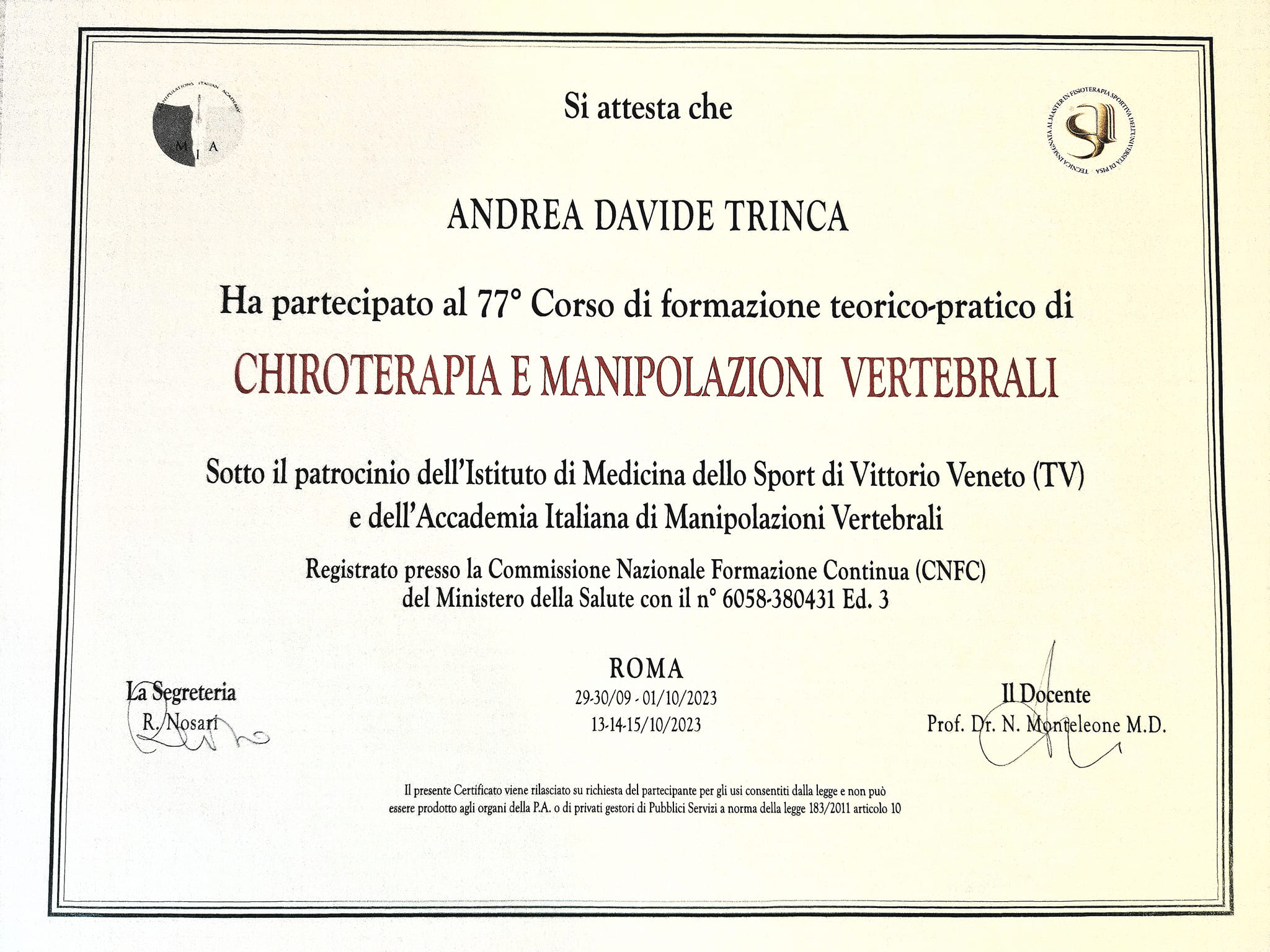 Certificato 77esimo Corso di Chiroterapia e Manipolazioni Vertebrali